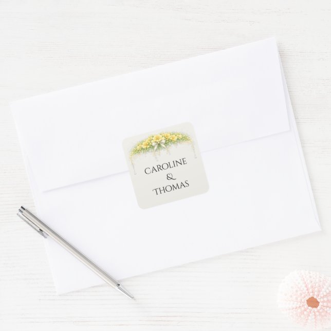 Canary Yellow Romantic Freesia  Floral Wedding Square Sticker (Envelope)