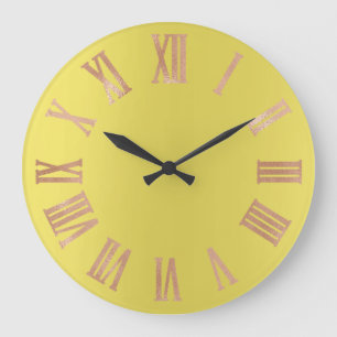 Canary Yellow Rose Gold Metallic Roman Numbers Large Clock