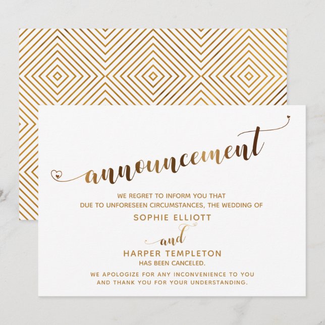 Cancelled Wedding Gold Heart Script Announcement (Front/Back)
