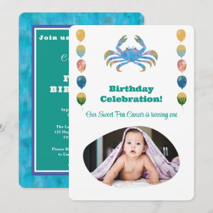 Cancer 1st Birthday Photo Impressionist Gold  Invitation