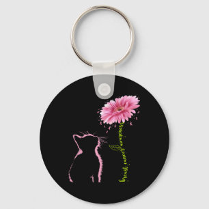 Cancer Awareness Pink Ribbon Daisy Flower Cat Love Key Ring