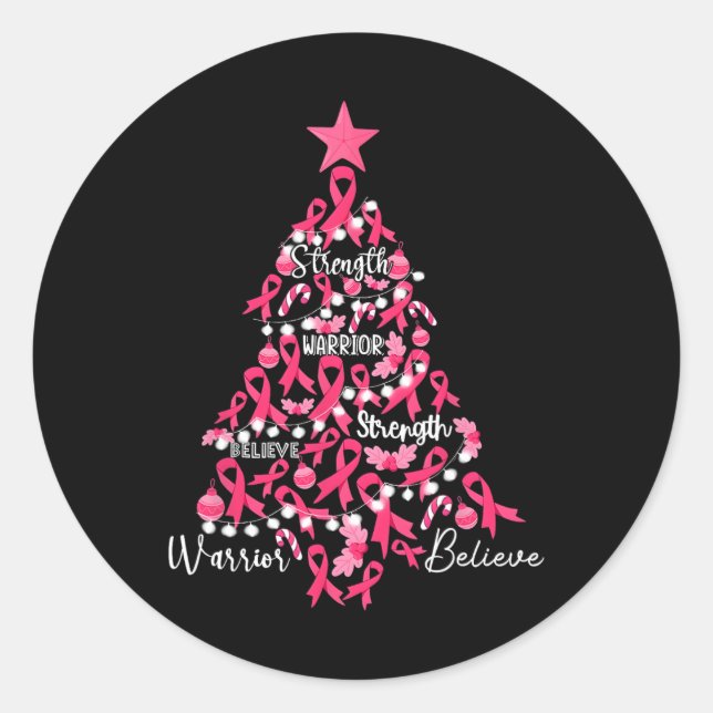 Cancer Christmas Tree Pink Ribbon Fight Awareness  Classic Round Sticker (Front)