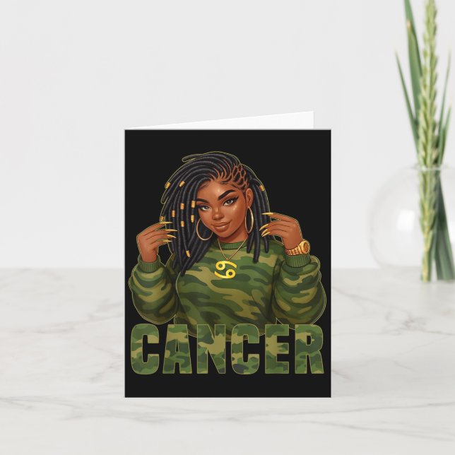 Cancer Queen Loc'd Black Woman Camo Zodiac Sig Card (Front)