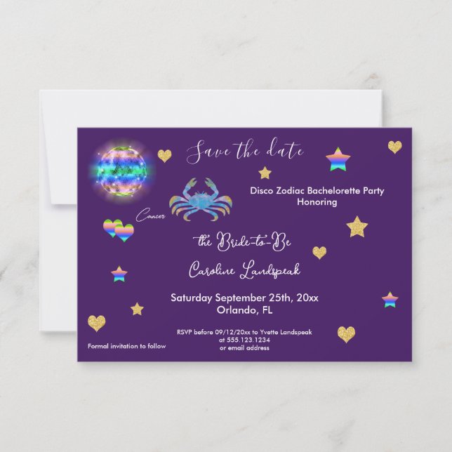 Cancer Sign & Disco Ball Bachelorette Party Save The Date (Front)