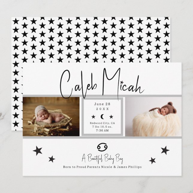 Cancer Stars Photo Baby Birth Announcement (Front/Back)