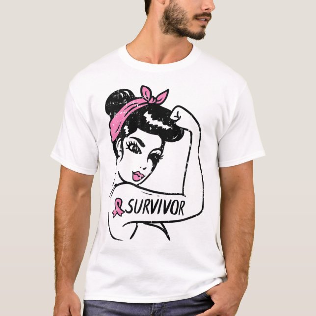 Cancer Survivor Rosie Riveter Pink Awareness Women T-Shirt (Front)