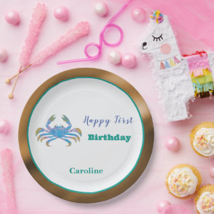 Cancer Zodiac 1st Birthday Gold & Teal Artistic Paper Plate