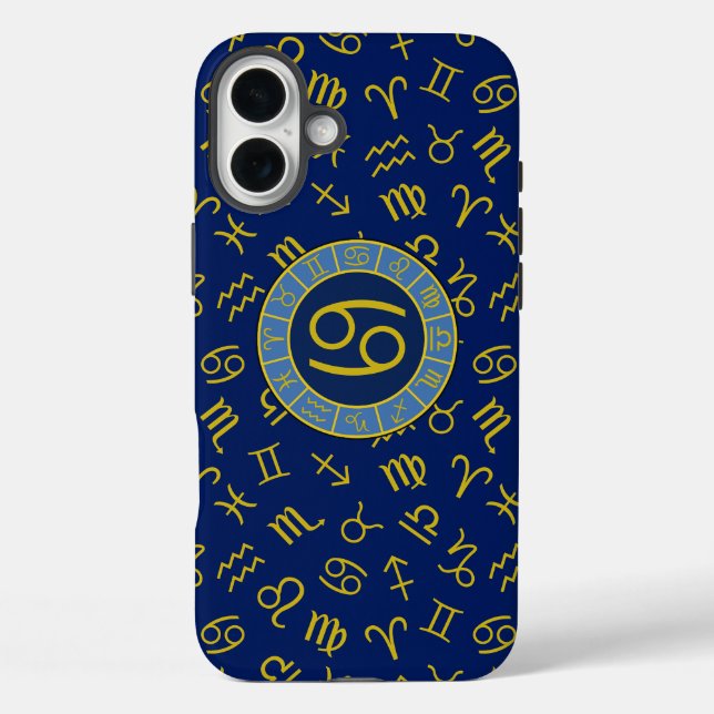 Cancer Zodiac+Astrology Symbols Pattern Gold+Blues Case-Mate iPhone Case (Back)