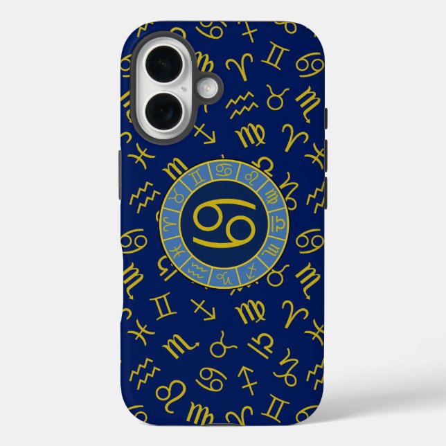 Cancer Zodiac+Astrology Symbols Pattern Gold+Blues Case-Mate iPhone Case (Back)