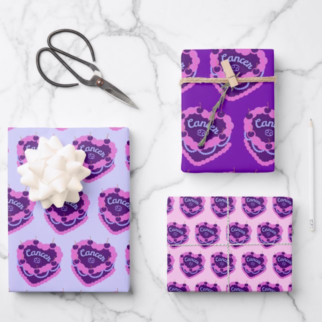 Cancer Zodiac Coquette Heart Birthday Cake Wrapping Paper Sheet (Front)
