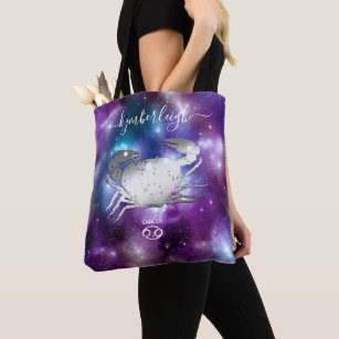Cancer Zodiac Sign Cosmic Monogram Name Purple Tote Bag