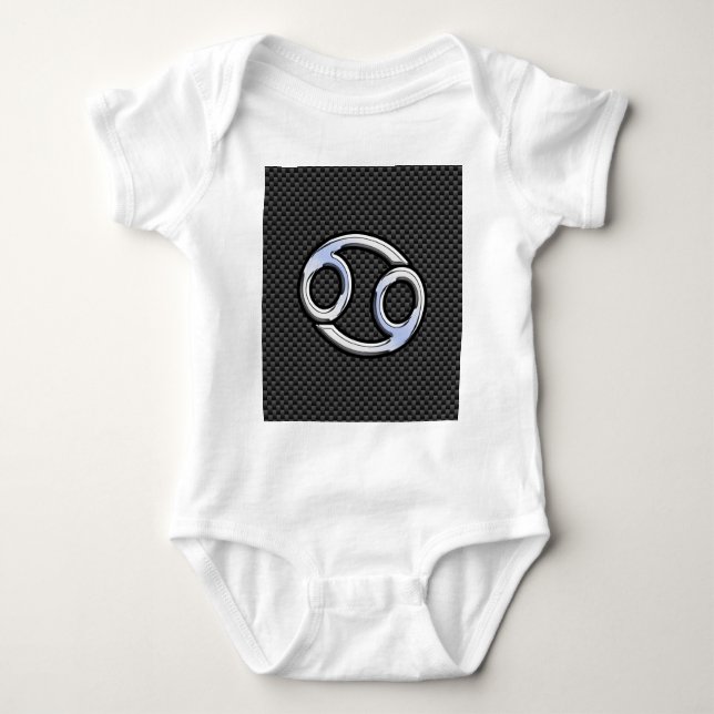 Cancer Zodiac Sign on Charcoal Carbon Fibre Print Baby Bodysuit (Front)