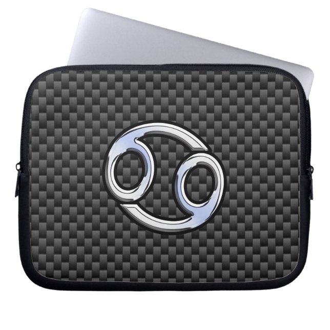 Cancer Zodiac Sign on Charcoal Carbon Fibre Print Laptop Sleeve (Front)