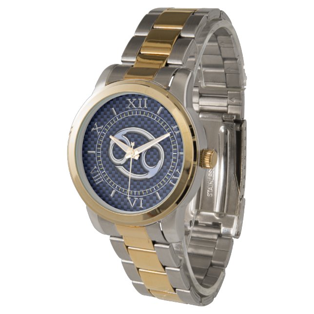 Cancer Zodiac Sign on Navy Blue Carbon Fibre Dial Watch (Angled)