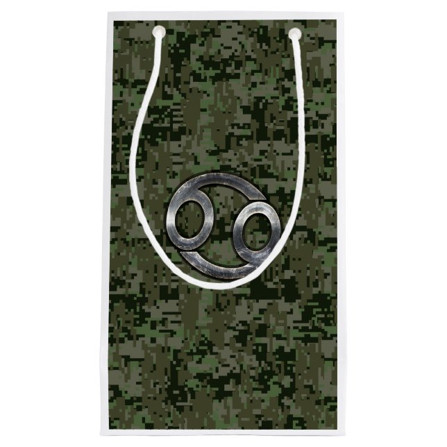 Cancer Zodiac Symbol on Green Digital Camo Small Gift Bag (Front)