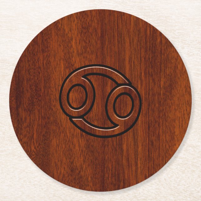 Cancer Zodiac Symbol on Mahogany Wood Style Round Paper Coaster (Front)