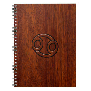Cancer Zodiac Symbol on Mahogany Wood Style Spiral Notebook