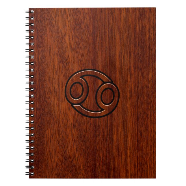 Cancer Zodiac Symbol on Mahogany Wood Style Spiral Notebook (Front)