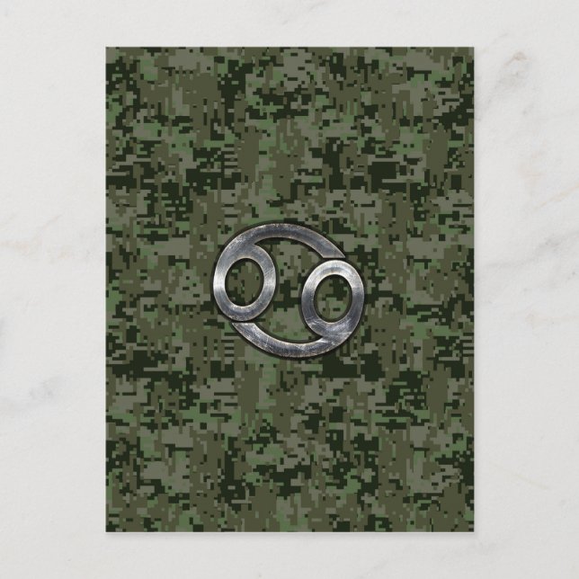 Cancer Zodiac Symbol on Woodland Digital Camo Postcard (Front)