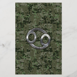 Cancer Zodiac Symbol on Woodland Digital Camo Stationery