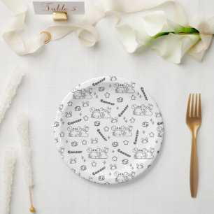 Cancer Zodiac Whispers - Monochrome Magic Pattern Paper Plate