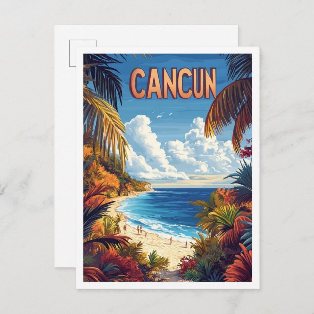 Cancun Beach Mexico Vintage Illustration Travel Postcard (Front/Back)