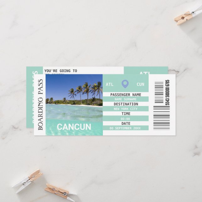  Cancún Mexico aeroplane boarding pass weekend Invitation (Front/Back In Situ)