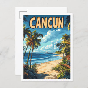 Cancun Mexico Art Vintage Illustration Travel Postcard