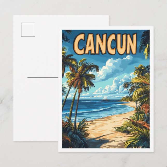 Cancun Mexico Art Vintage Illustration Travel Postcard (Front/Back)