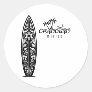 Cancun Mexico Beach Surfing Surfboard Retro Classic Round Sticker