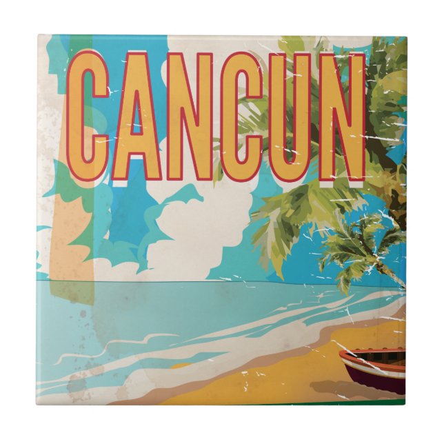 Cancun Mexico Beach Vintage travel poster print Tile (Front)