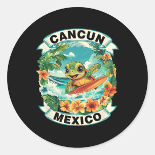 Cancun Mexico Cute Sea Turtle Surfing Summer Vacat Classic Round Sticker