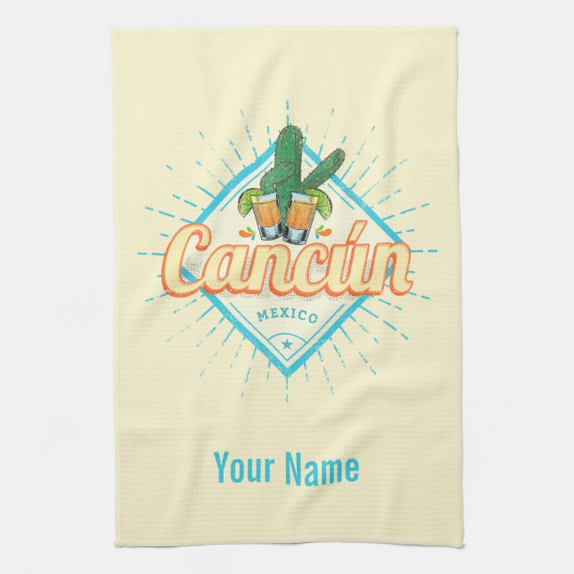 Cancun Mexico Dancing Cactus Vintage Tequila Tea Towel (Vertical)