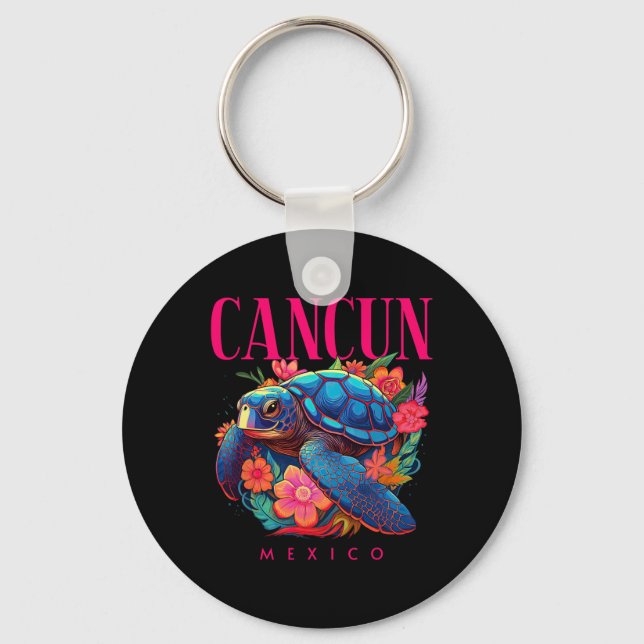 Cancun Mexico Floral Beach Turtle Souvenir  Key Ring (Front)