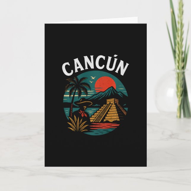 Cancún Mexico Retro Vacation Sunset Pyramid Trip R Card (Front)