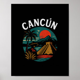 Cancún Mexico Retro Vacation Sunset Pyramid Trip R Poster