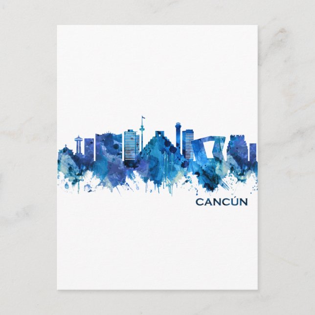 Cancun Mexico Skyline Blue Holiday Postcard (Front)