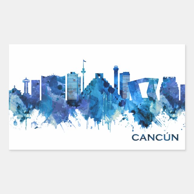 Cancun Mexico Skyline Blue Rectangular Sticker (Front)