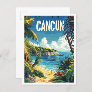 Cancun Mexico Vintage Illustration Travel Postcard