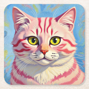 “Candice” A Cherry Striped Mystique – Cat Portrait Square Paper Coaster