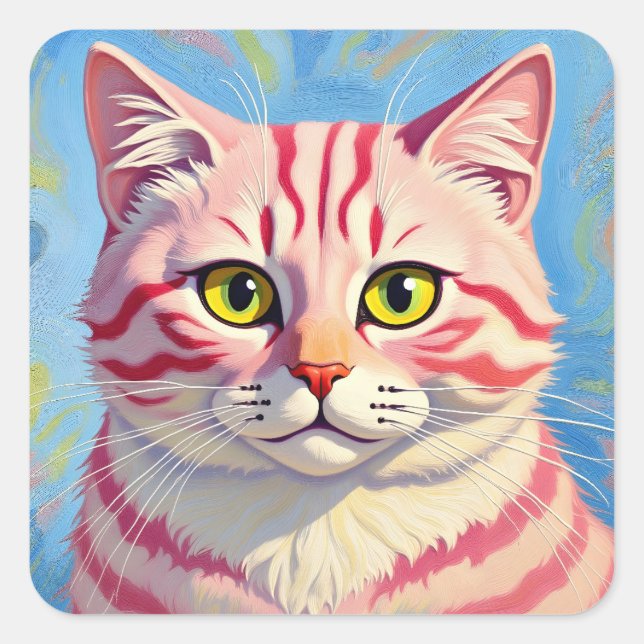 “Candice” A Cherry Striped Mystique – Cat Portrait Square Sticker (Front)