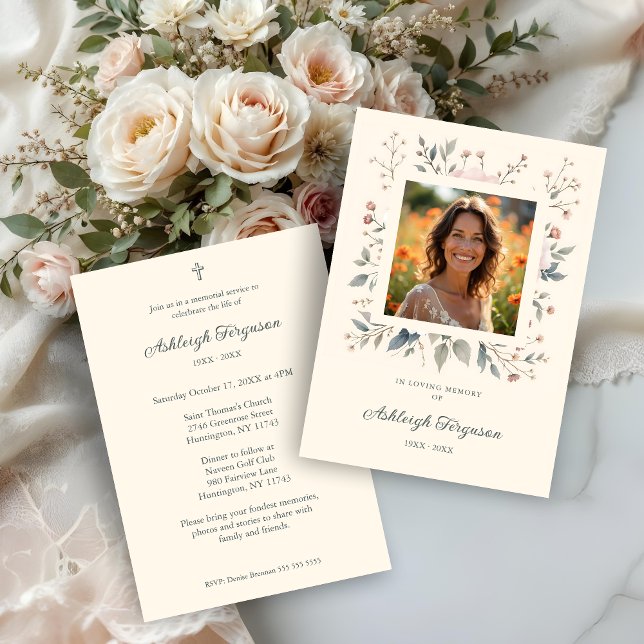 Candid Delicate Pastel Floral Frame Photo Funeral  Invitation (Candid Delicate Floral Frame Photo Funeral Invitations Cards in Soft Pastel Colors.)