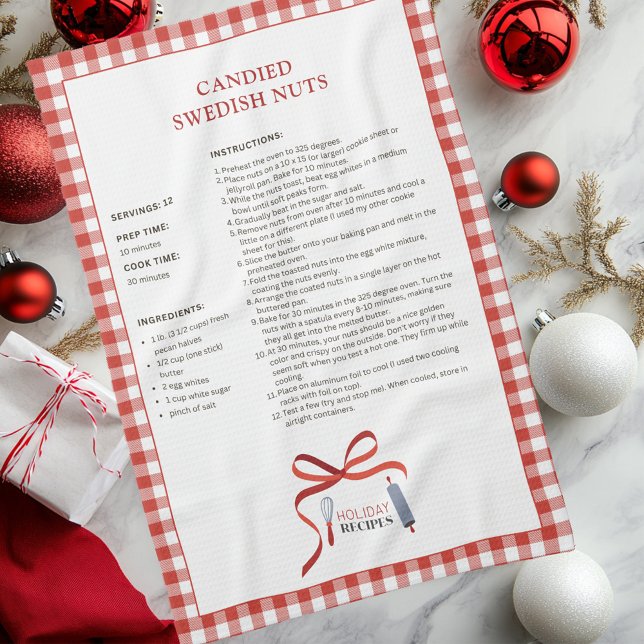Candied Swedish Nuts Holiday Recipe Tea Towel (Candied Swedish Nuts Red Check Buffalo Plaid Holiday Recipe Kitchen Towel)