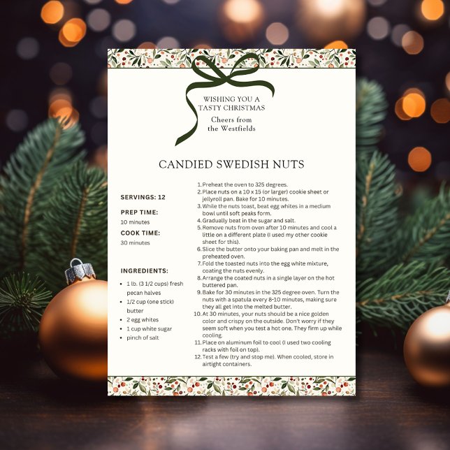 Candied Swedish Nuts Recipe Personalised Holiday Card (Festive Christmas Greenery Red Berries Candied Swedish Nuts Holiday Recipe Card)