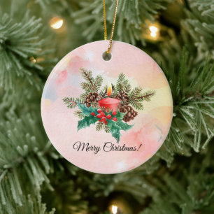 Candle and mistletoe watercolor art ceramic tree decoration