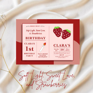 Candle and Strawberries 1st Birthday Pink & Red Invitation