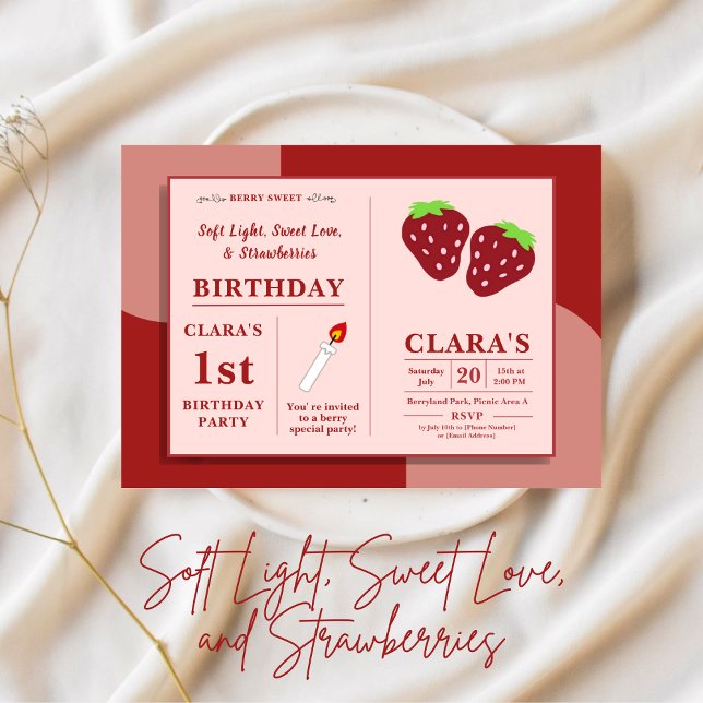 Candle and Strawberries 1st Birthday Pink & Red Invitation (Candle and Strawberries 1st Birthday Pink & Red Invitation
)