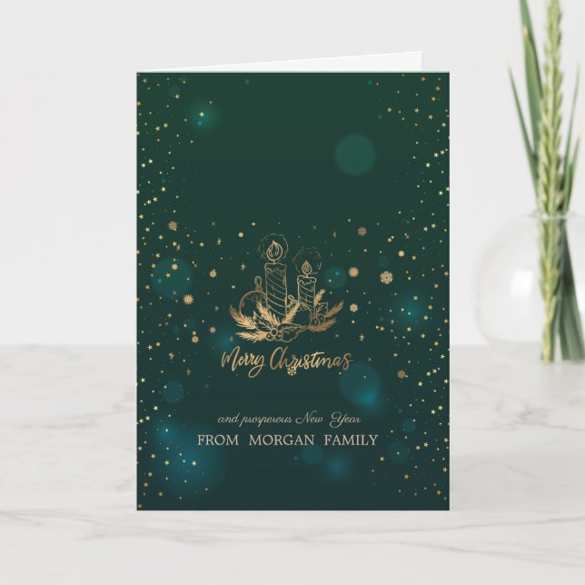 Candle,Balls,Pine Tree Branches Snowflakes Green Holiday Card (Front)