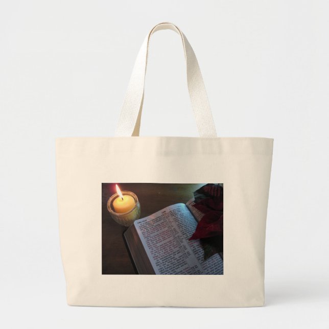 Candle, Bible, and Poinsetta Large Tote Bag (Front)