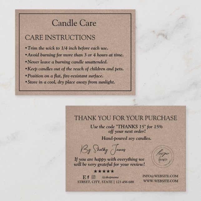 Candle Care Kraft Paper | Custom Logo Thank You  Business Card (Front/Back)